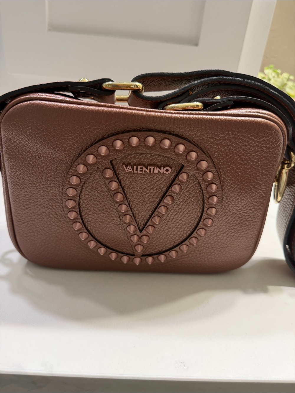 Valentino by Mario MIA Studded V Logo Crossbody Bag in Metallic Rose Brown